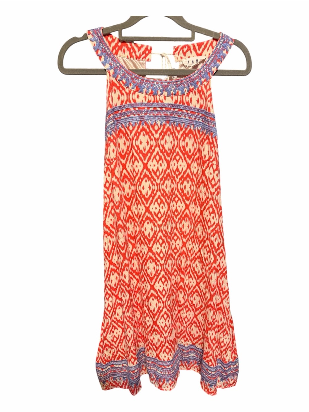 THML Red Blue Ikat Print Embroidered Tassel Halter Mini Dress